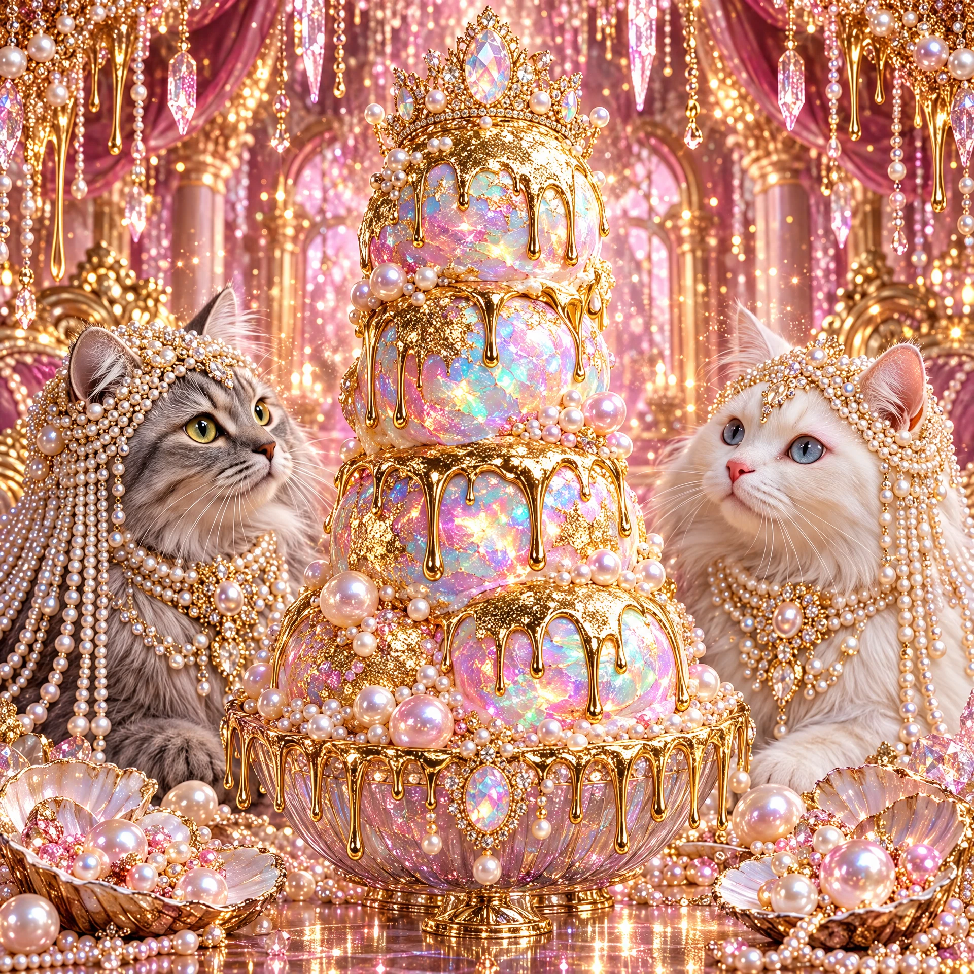 Holografischer Regenbogen-Eisturm mit Pitty-&-Pearl-Katzen, Goldglitter und Perlen